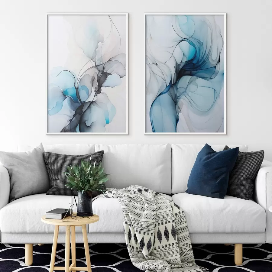 Fototapeedid Abstraktne kompositsioon voolavate joonte ja läbikumavate kroonlehtedega sinise valge ja beeži toonides, alkoholi tindi imitatsioon d00523