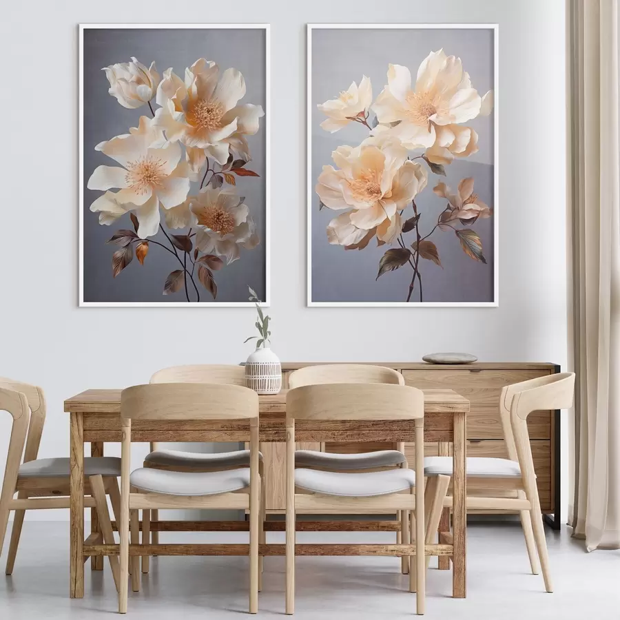 Fototapeedid Tekstuursed lilled oranžide õite ja oranžide lehtedega halli taustal, pehme valgus, elegantne, detailne, realistlik d00525