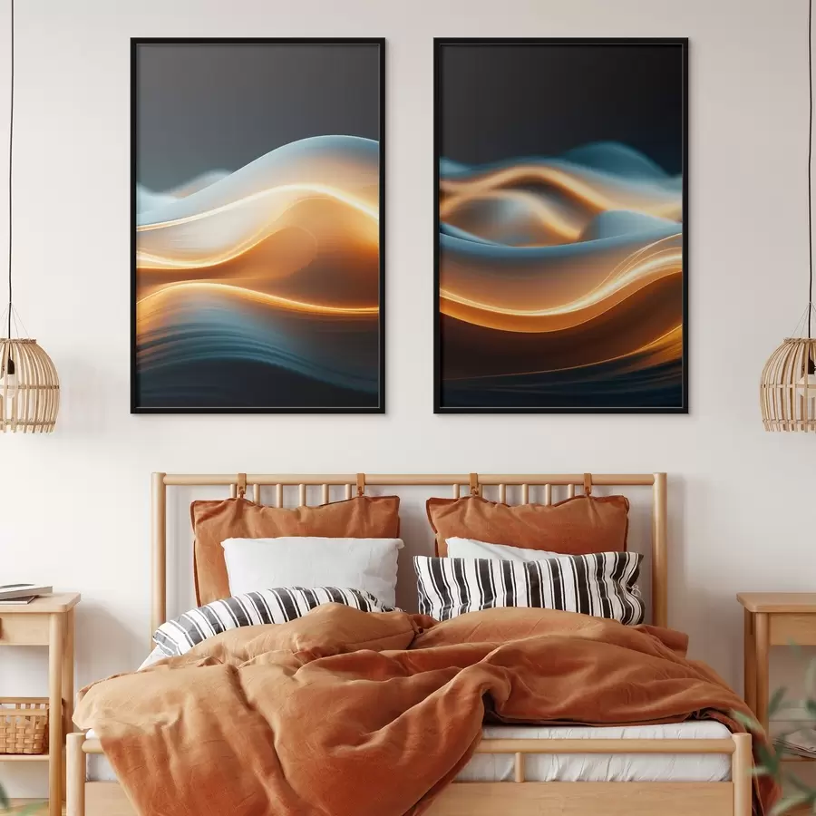 Fototapeedid Abstraktsed voolavad kujud oranžide joontega, sujuvad kurvid ja jooned, dünaamiline kompositsioon, tume taust d00526