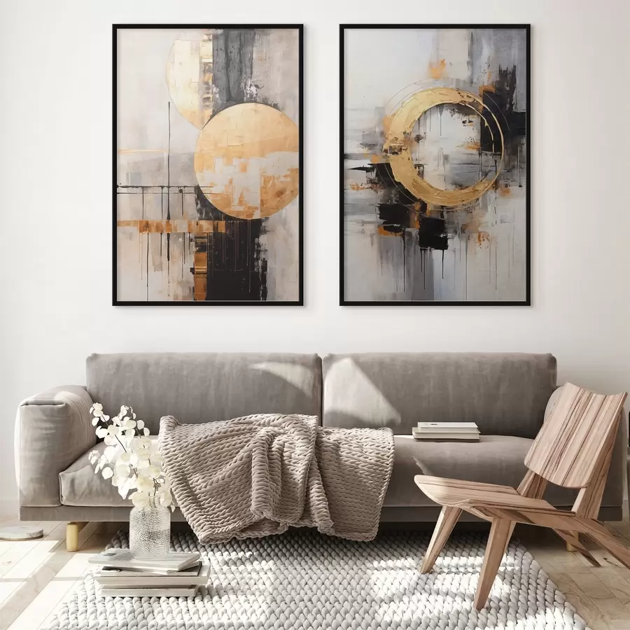 Fototapeedid Abstraktne maal ringide, mustade ja kollaste joontega ning halli ja valge tooniga taustaga d00527