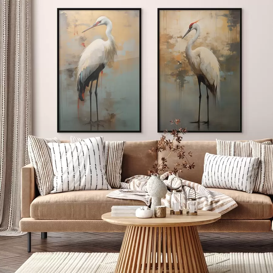 Fototapeedid Valge haigur vaiksete kollaste, pruunide ja siniste toonide taustal, mis viitavad udusele, abstraktsele maastikule d00530