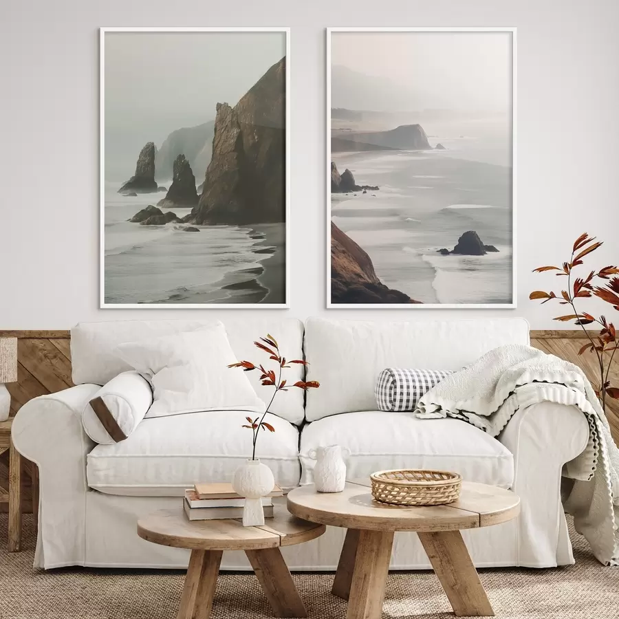 Fototapeedid Kaljused kaljud ja mererannik, lained loksuvad kaldal, meeleoluka atmosfääriga maastik, maapealsed toonid d00531