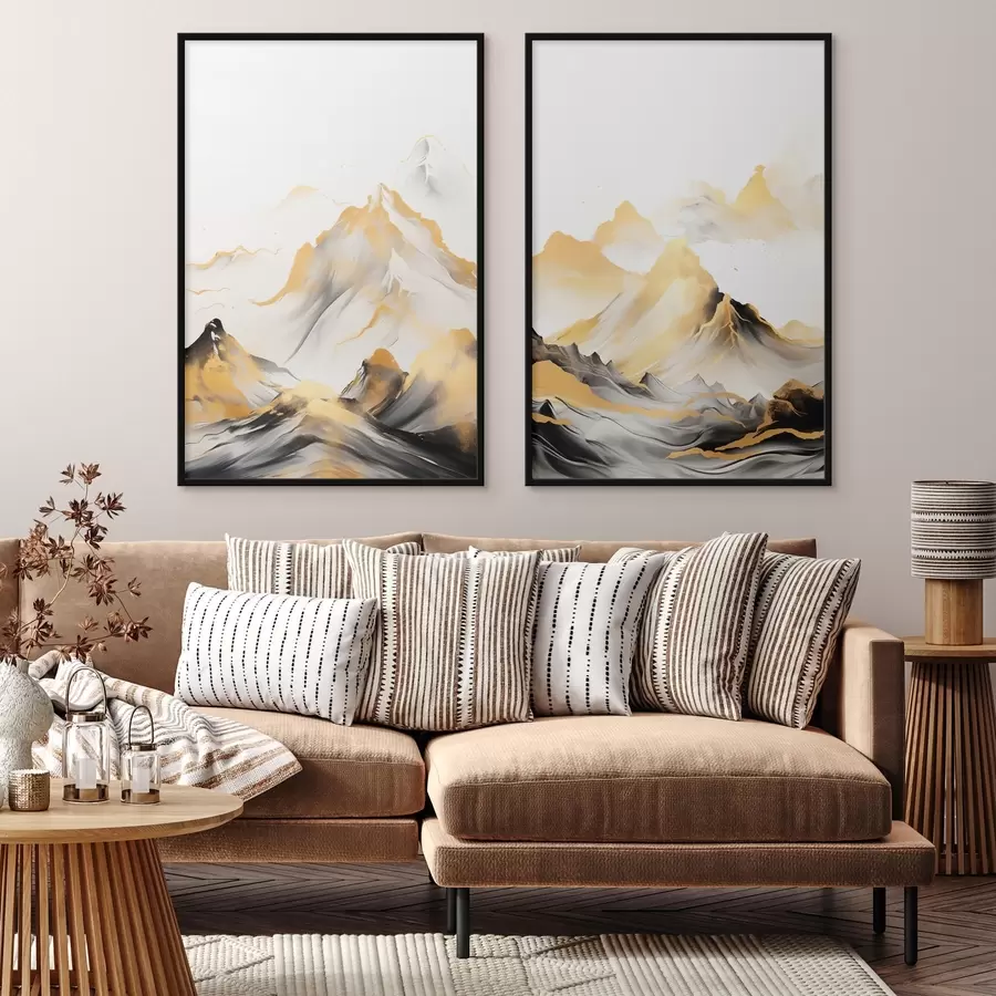 Fototapeedid Tekstuuriga kollased ja mustad mäed lumiste tippudega, tušimaalistiilis, minimalistlik mäestik d01002