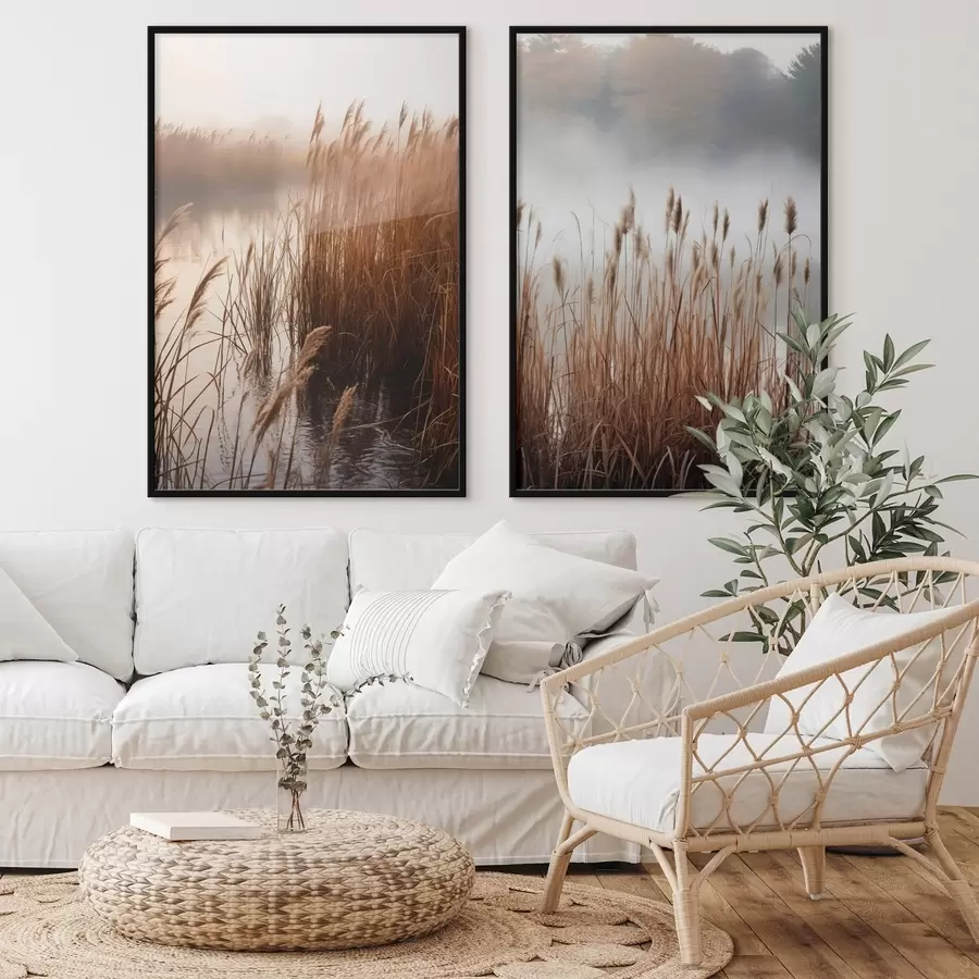 Fototapeedid Veekogus kasvavad kõrged pillirood, vesi peegeldab pilliroogu, udune taust, pehme valgus, loodusvaade d01008