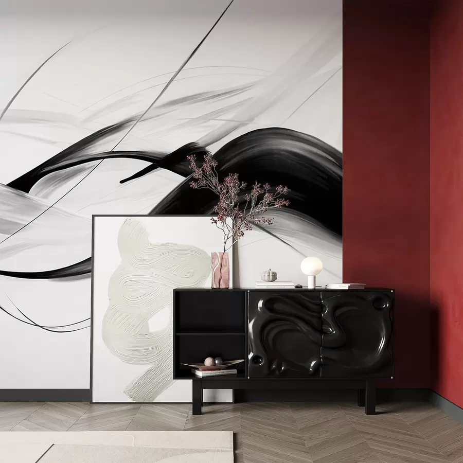 Fototapeedid Abstraktsed must-valged pintslitõmbed õhukeste joontega loovad valgete taustaga modernse disaini. w09605