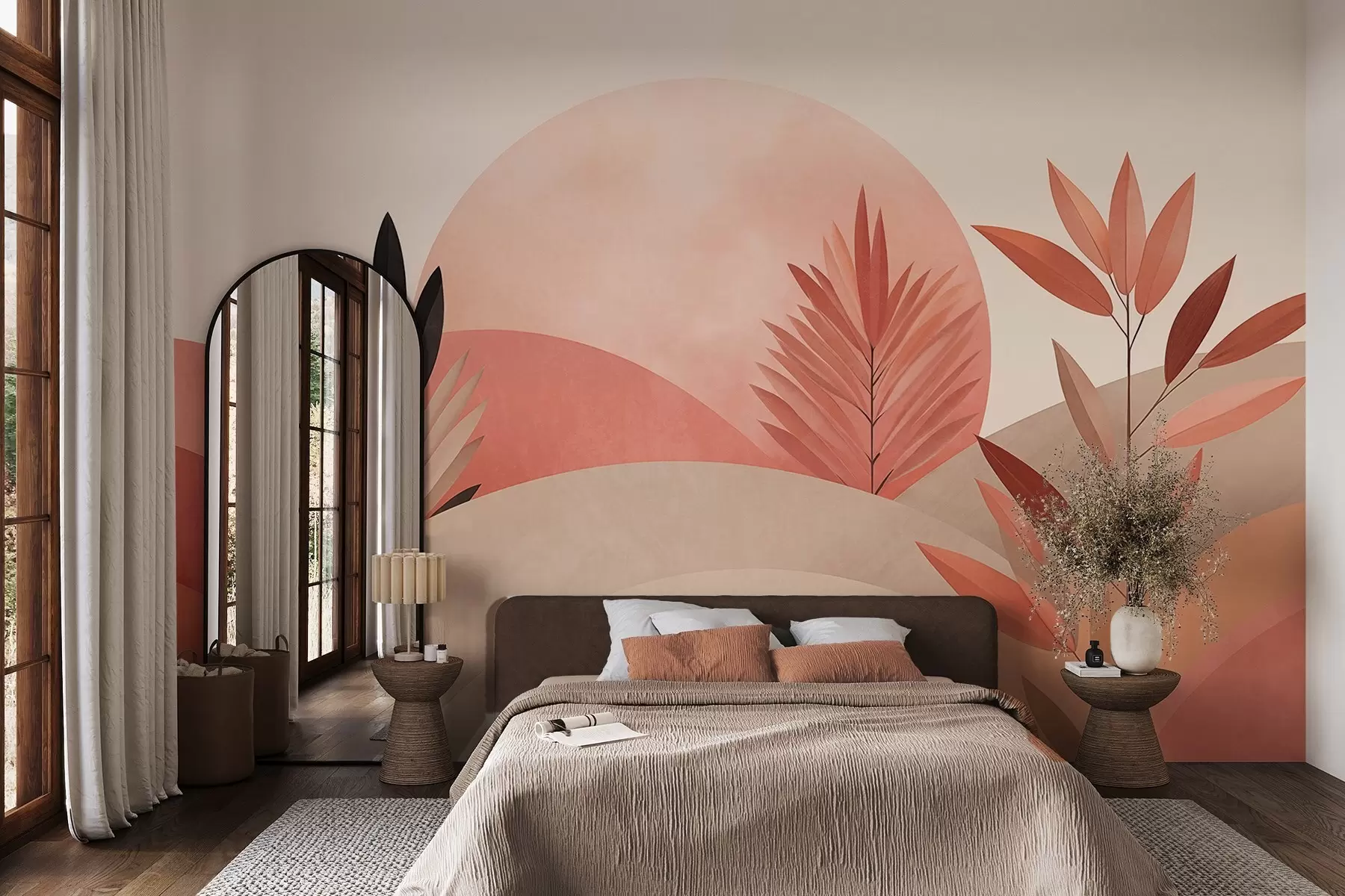 Fototapeedid Abstraktne boho-maastik, päike lainete taga, taimed esiplaanil, minimalistlik, tekstuurne, summutatud värvid w09608