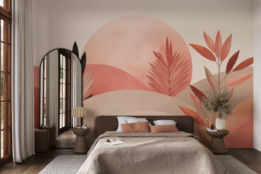 Fototapeedid Abstraktne boho-maastik, päike lainete taga, taimed esiplaanil, minimalistlik, tekstuurne, summutatud värvid w09608