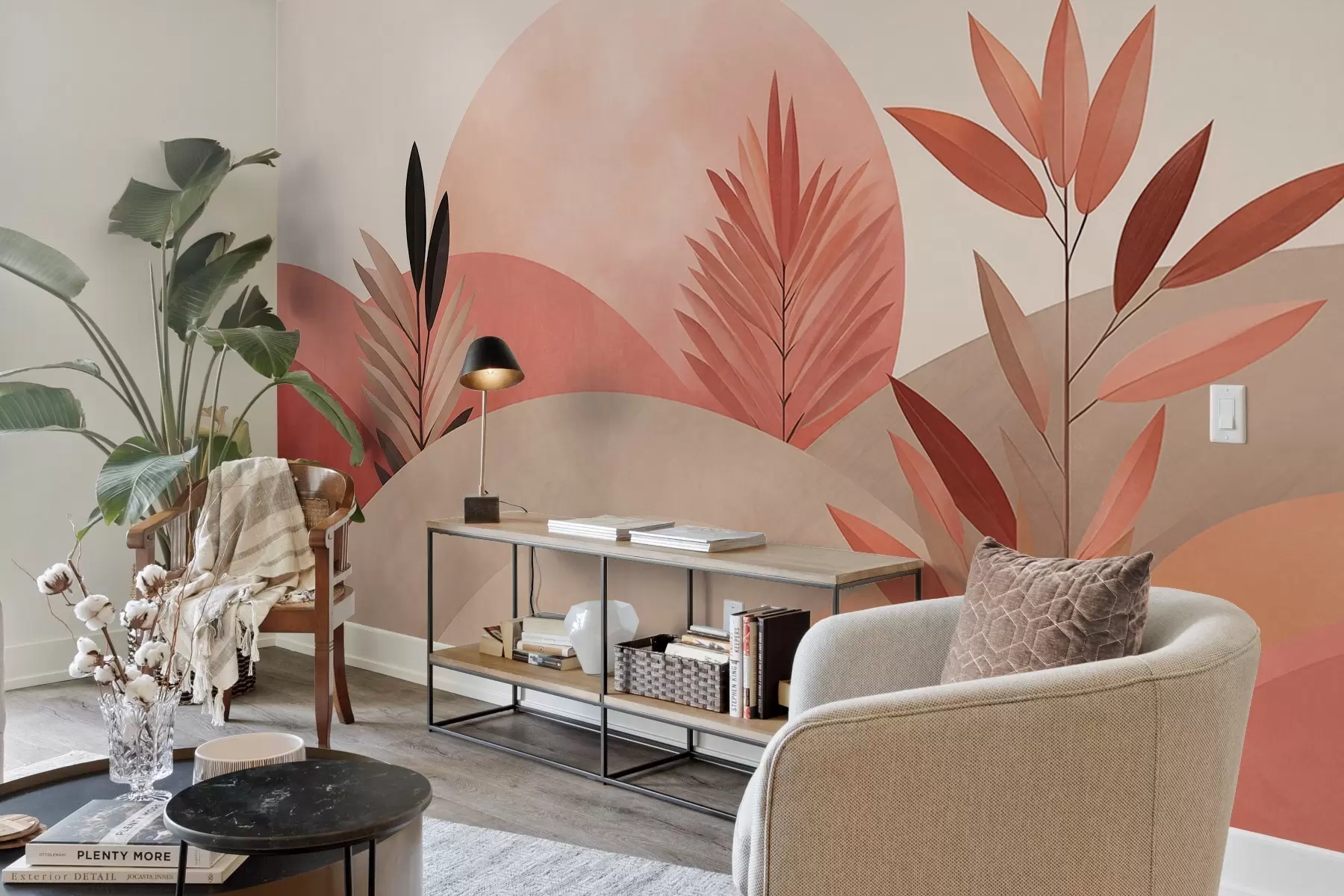 Fototapeedid Abstraktne boho-maastik, päike lainete taga, taimed esiplaanil, minimalistlik, tekstuurne, summutatud värvid w09608