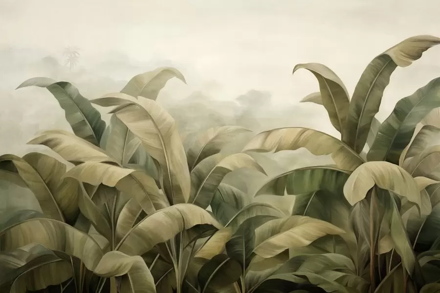 Fototapeedid Tekstuuriga tihe džungelmaastik suurte banaanilehtedega vaoshoitud rohelistes ja beežides toonides w09613