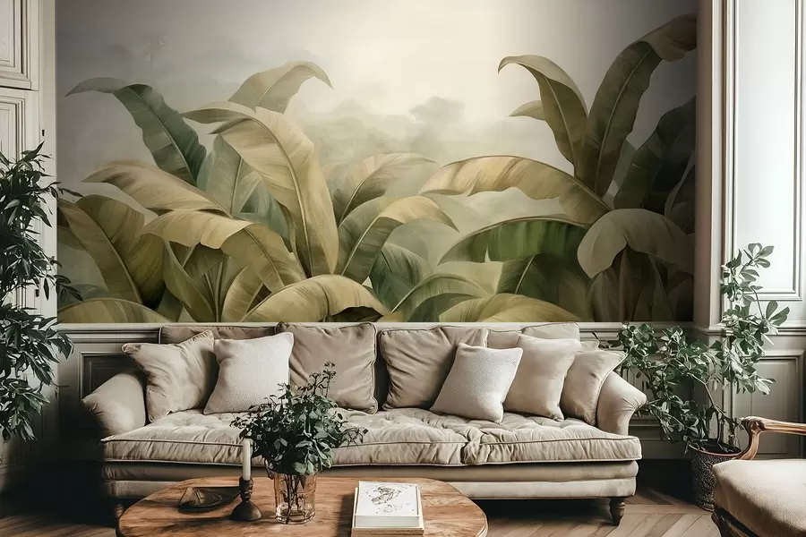 Fototapeedid Tekstuuriga tihe džungelmaastik suurte banaanilehtedega vaoshoitud rohelistes ja beežides toonides w09613