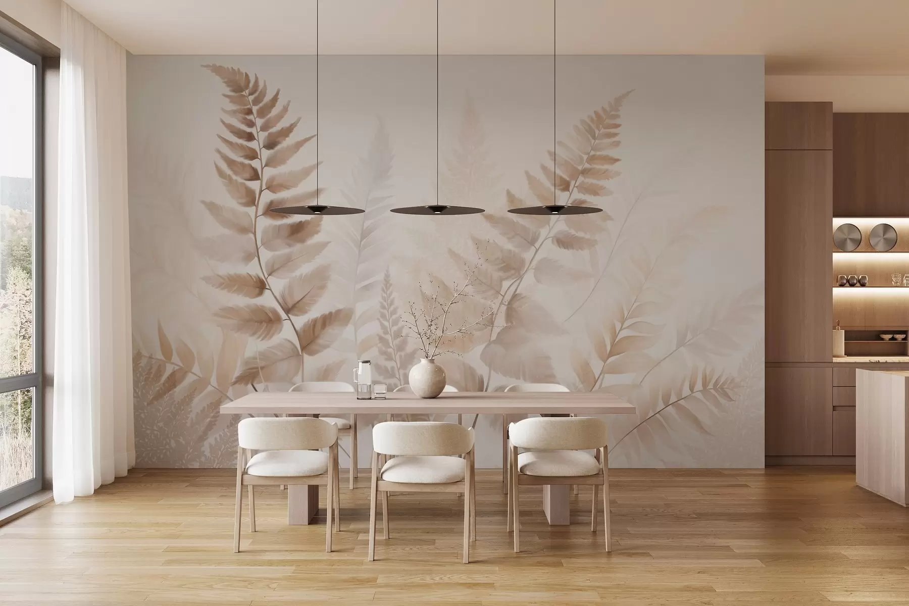 Fototapeedid Tekstuuriga kuivatatud sõnajalad erinevates pruuni toonides, pehme, heleda taustaga akvarellstiilis w09615