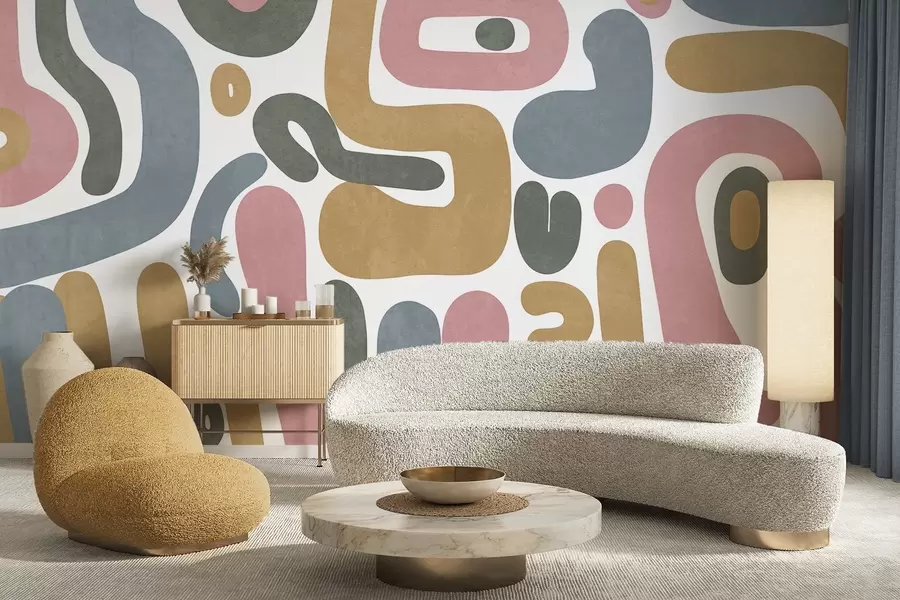 Fototapeedid Abstraktsed tekstuuriga kujundid pastellroosa, summutatud sinise, sinepikollase ja halli värvides valgel taustal, modernne kunst w09620