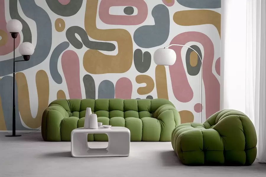 Fototapeedid Abstraktsed tekstuuriga kujundid pastellroosa, summutatud sinise, sinepikollase ja halli värvides valgel taustal, modernne kunst w09620