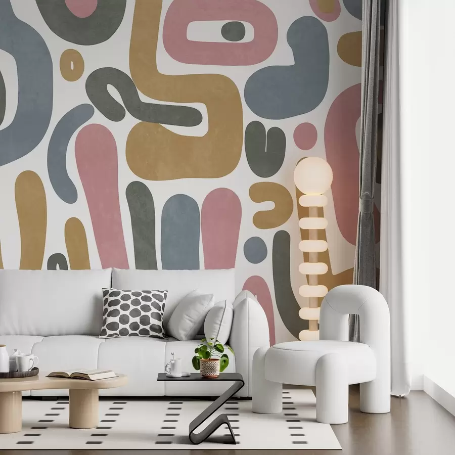 Fototapeedid Abstraktsed tekstuuriga kujundid pastellroosa, summutatud sinise, sinepikollase ja halli värvides valgel taustal, modernne kunst w09620