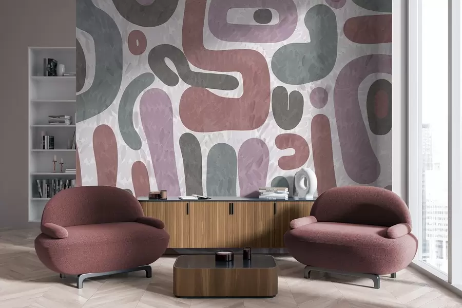 Fototapeedid Abstraktsed tekstuuriga kujundid vaoshoitud roosa, rohelise ja halli toonides, tekstuuriga taustal, modernne kunst w09622