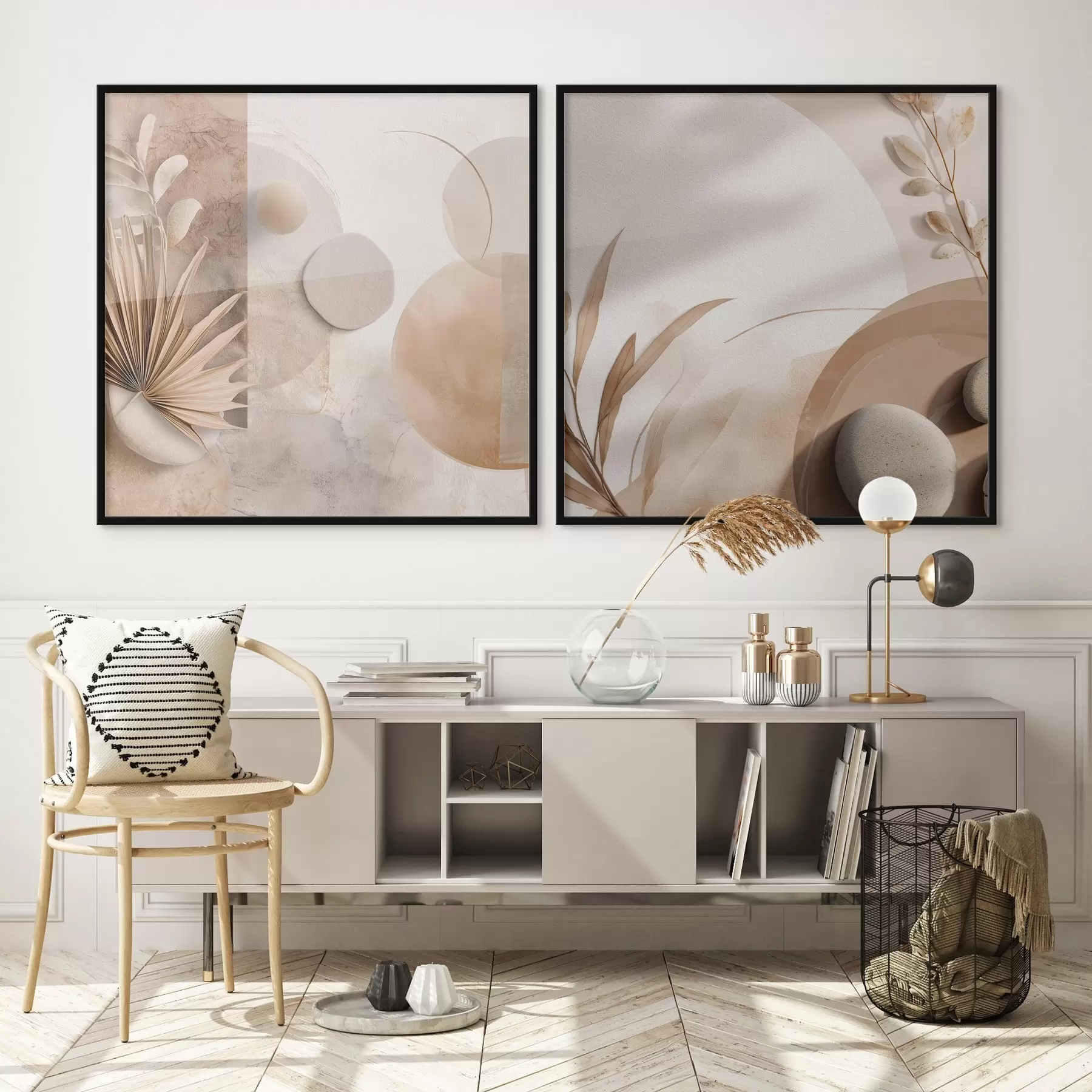 Fototapeedid Kaks lõuendit kuivatatud lehtede ja tekstuuriga kujunditega d00893