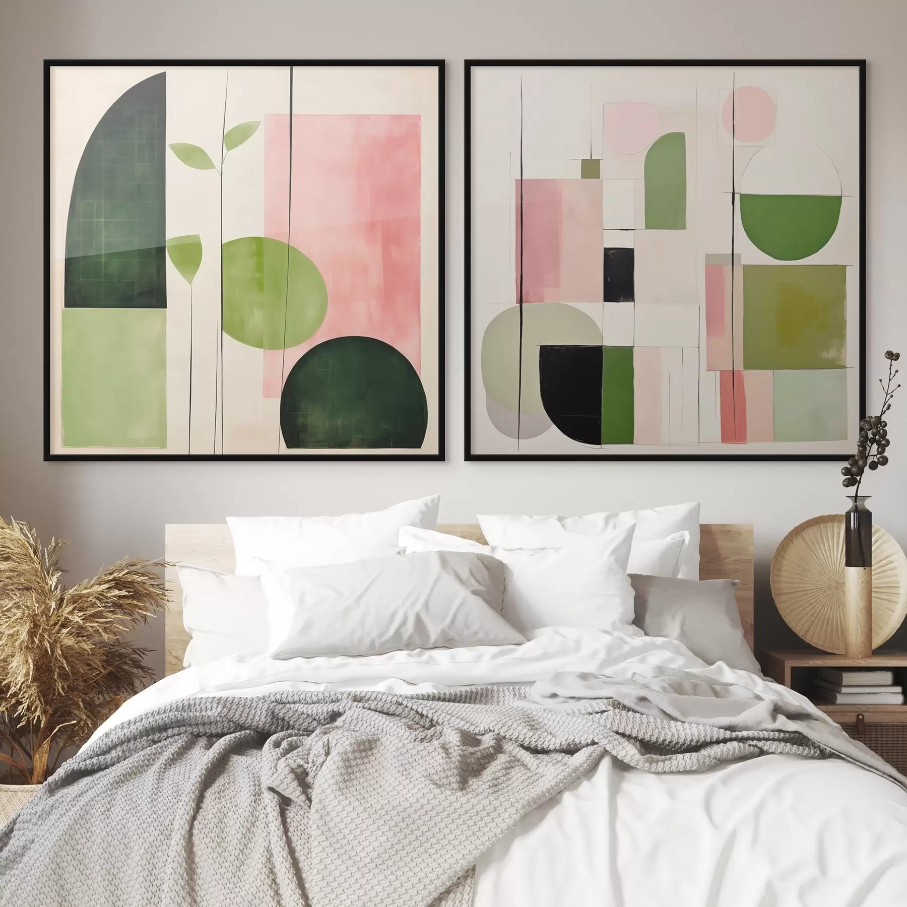 Fototapeedid Minimalistlik diptühhon stiliseeritud taimestiku ja geomeetriaga d00894