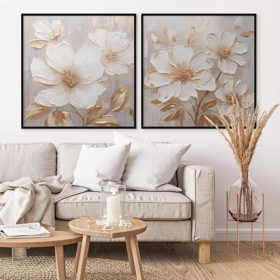 Fototapeedid Diptych suurte lilledega heledates soojades toonides d00927