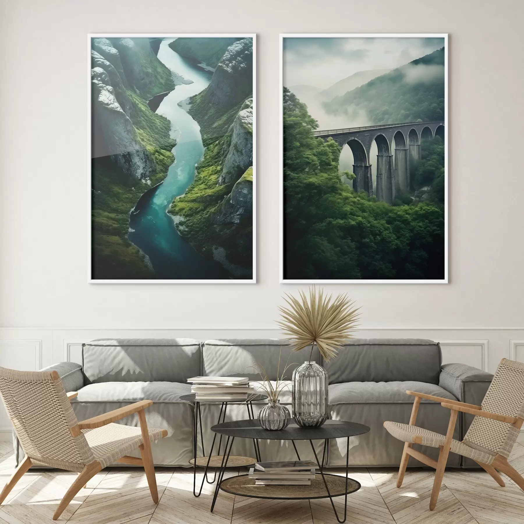 Fototapeedid Õhust vaadatav jõe kanjon ja udune viadukt rohelistel mägedel d00967