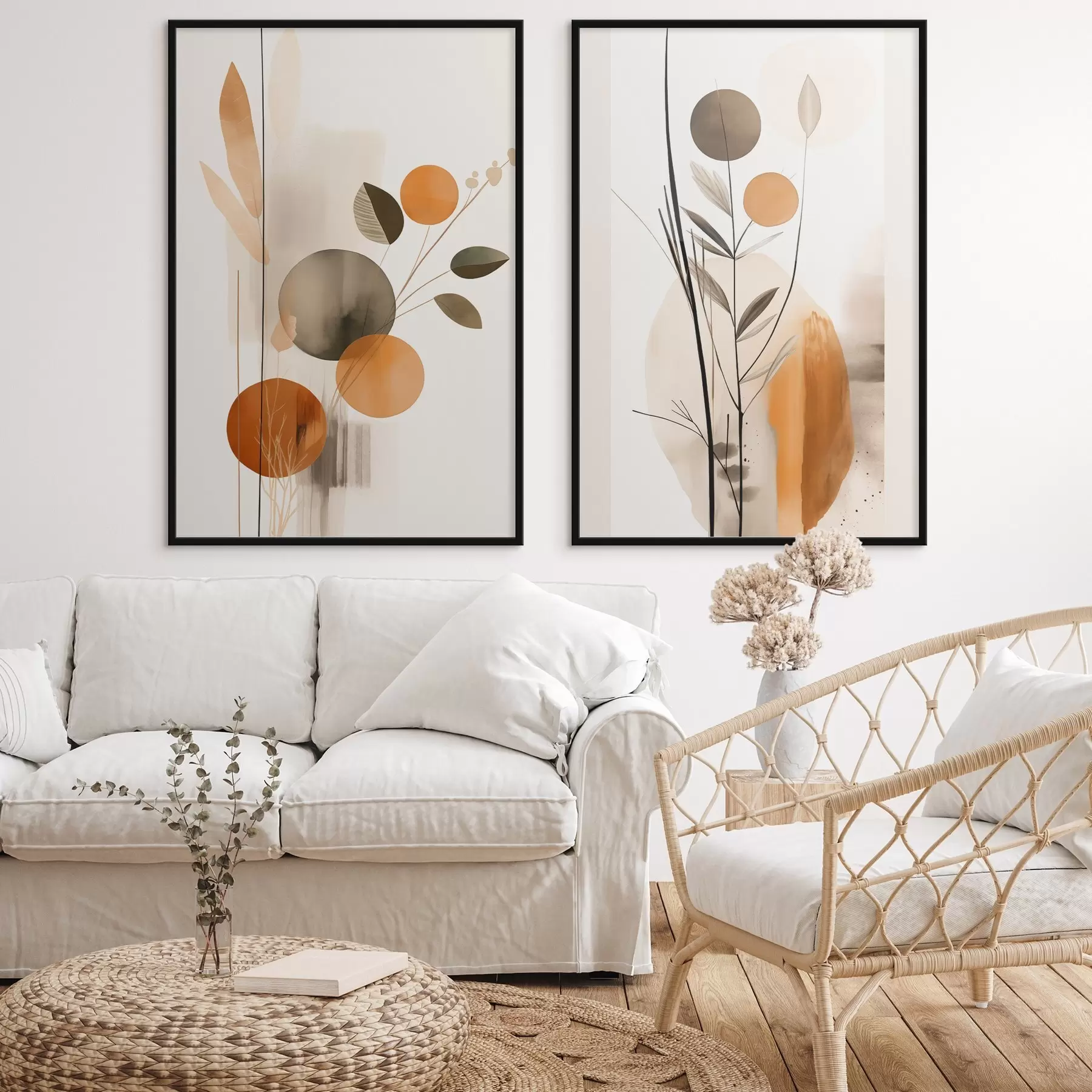 Fototapeedid Abstraktne maal, millel on oranžid ja hallid ringid, lehed ja oksad, modernne stiil, akvarelliefekt d01009