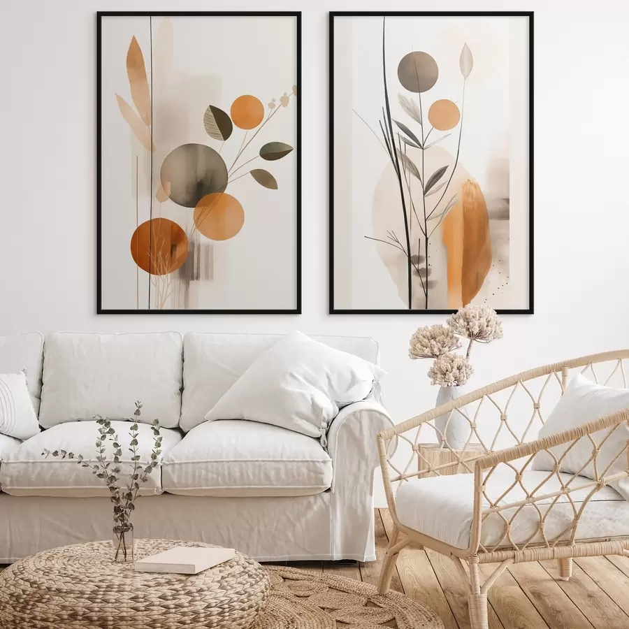 Fototapeedid Abstraktne maal, millel on oranžid ja hallid ringid, lehed ja oksad, modernne stiil, akvarelliefekt d01009