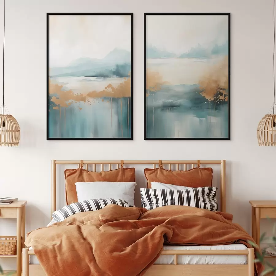 Fototapeedid Abstraktne maastik mägedega ja järvega sinakasrohelises ja tekstuurse kollases toonis, pehmed pintslitõmbed, minimalistlik kunstiteos d01012