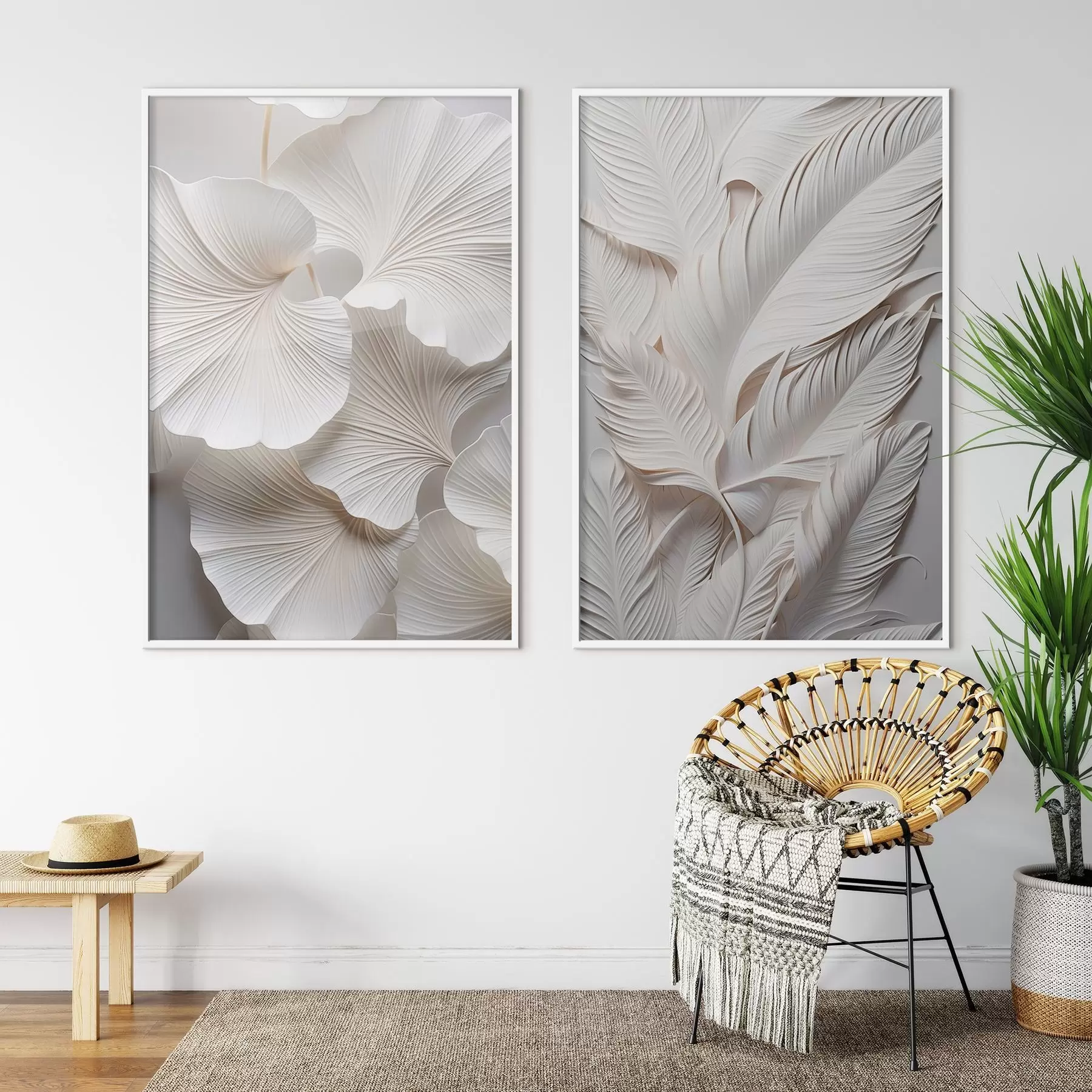 Fototapeedid Valged hõlmikpuu lehed ja pikad lehed keeruliste detailidega, mis loovad tekstuurse ja kihilise efekti, minimalistlik kunst d01013