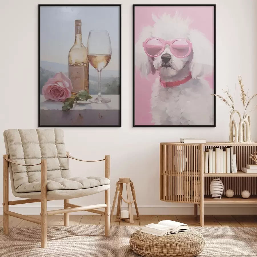 Fototapeedid Pudel ja klaas veini ning prillidega puudel, imitatsioonmaal d01021