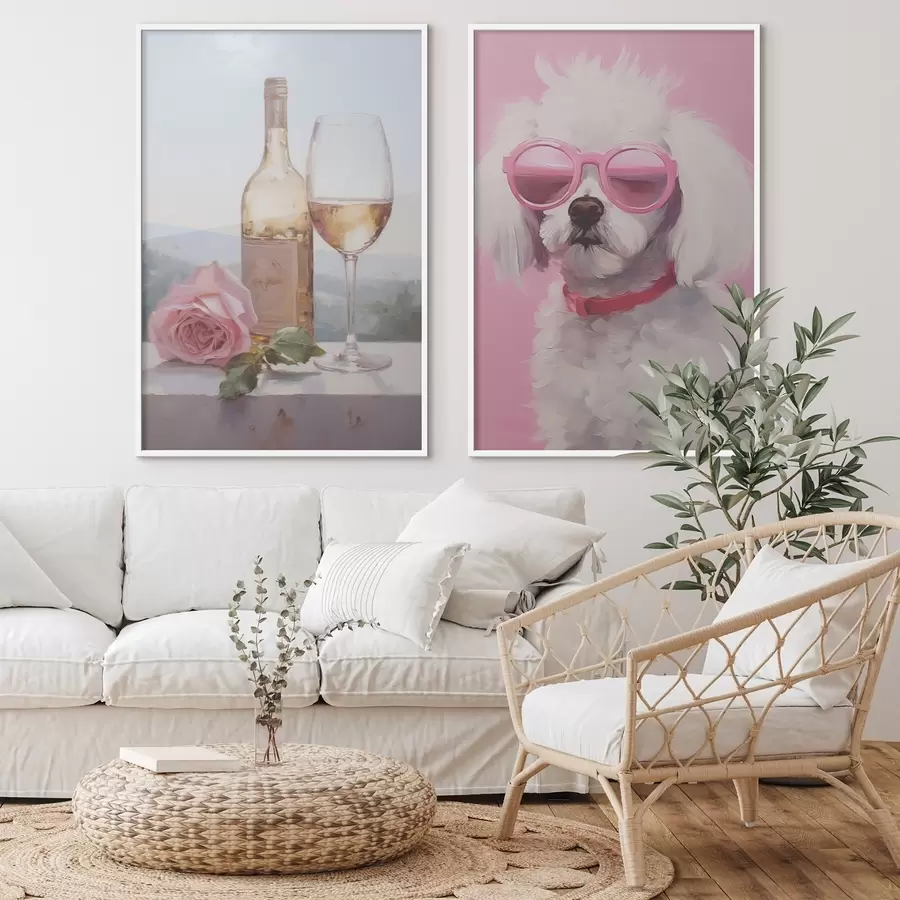 Fototapeedid Pudel ja klaas veini ning prillidega puudel, imitatsioonmaal d01021