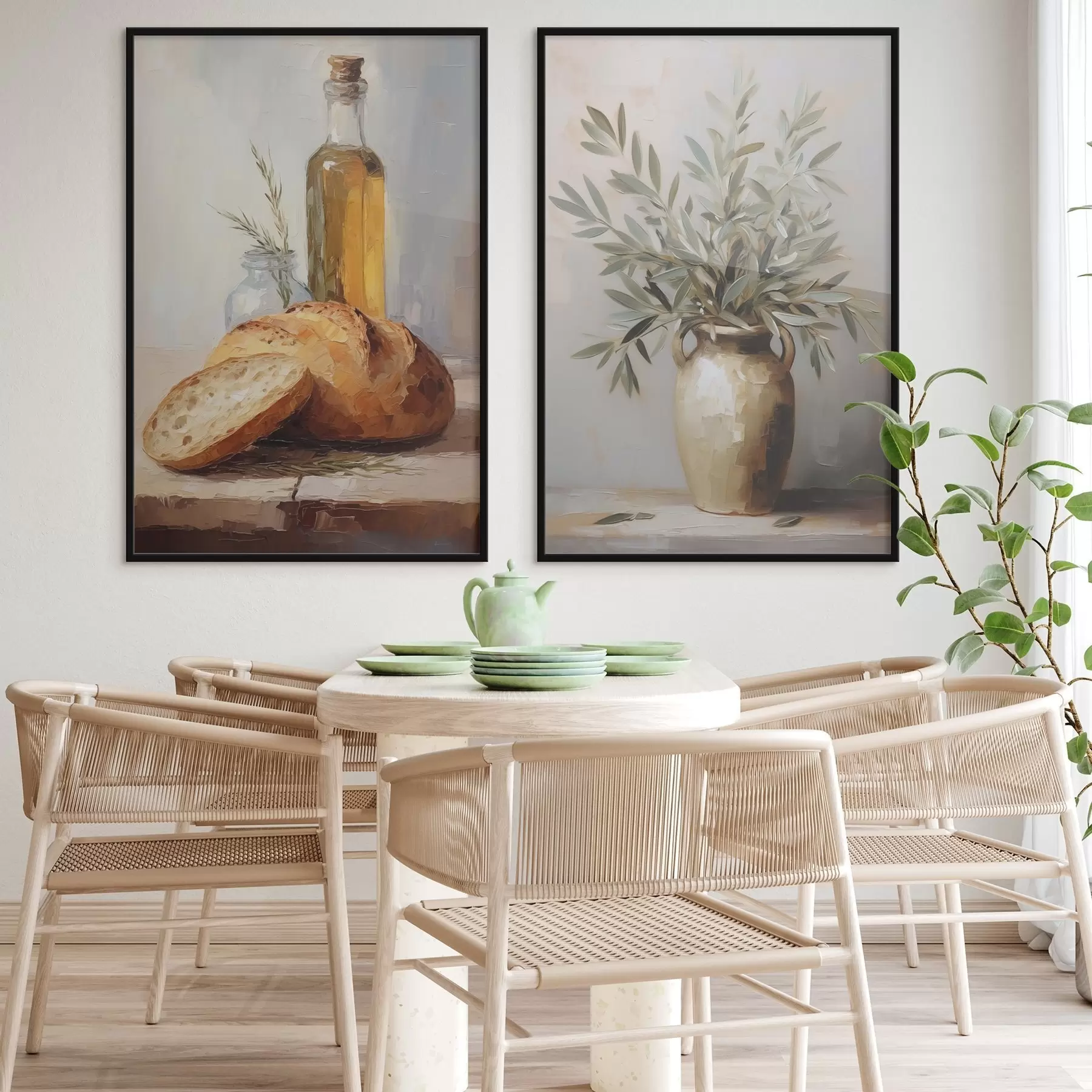 Fototapeedid Oliivipuu oksad vaasis, leib ja õlipudel, imitatsioonmaal d01035