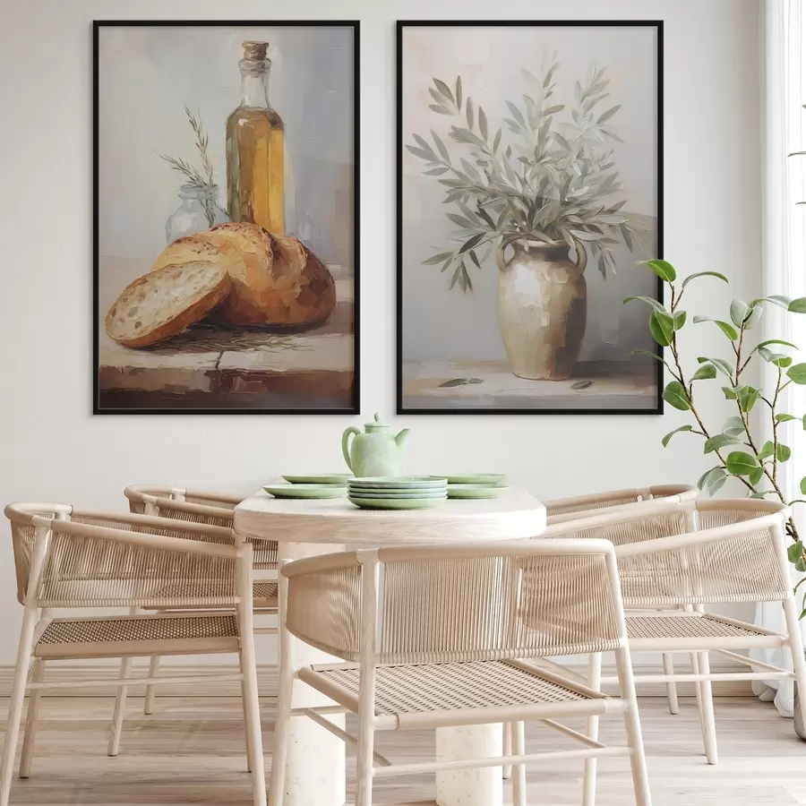 Fototapeedid Oliivipuu oksad vaasis, leib ja õlipudel, imitatsioonmaal d01035