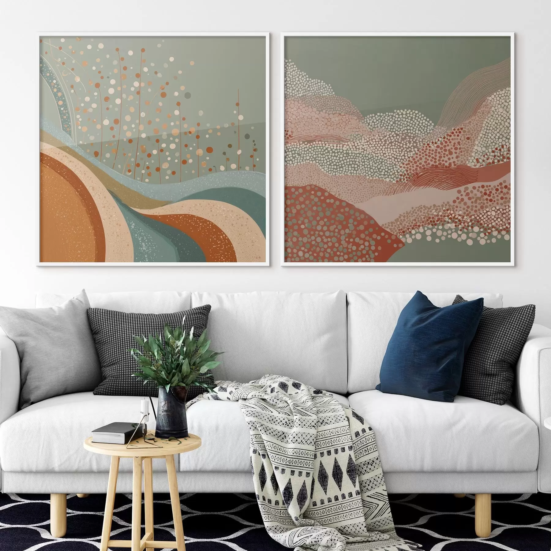 Fototapeedid Kaheosaline abstraktne maastik punktiir- ja laineliste elementidega d00987