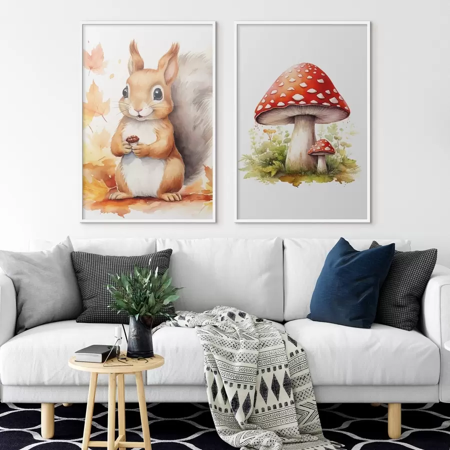 Fototapeedid Orav ja metsa seened, kärbseseen, imitatsioon akvarell d01049
