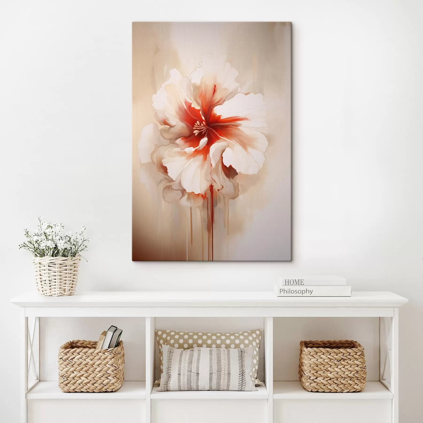 Pilt Valge ja punane õis pooleldi läbipaistvate kroonlehtede ja voolavate värvitilkadega s46940