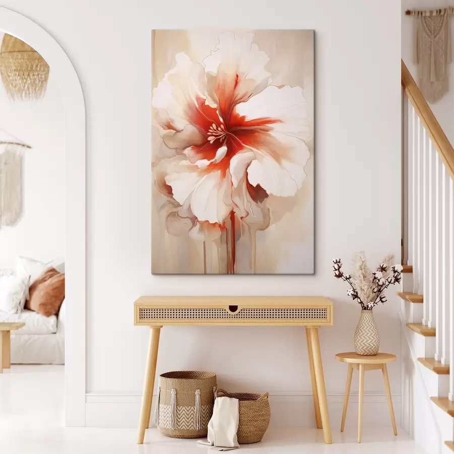 Pilt Lähivõte valgest ja punasest õiest, millel on poolläbipaistvad kroonlehed ja voolavad värvitilgad. s46941