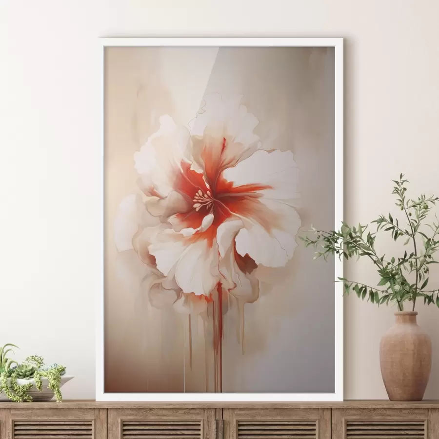 Fototapeedid Valge ja punane õis pooleldi läbipaistvate kroonlehtede ja voolavate värvitilkadega f46940