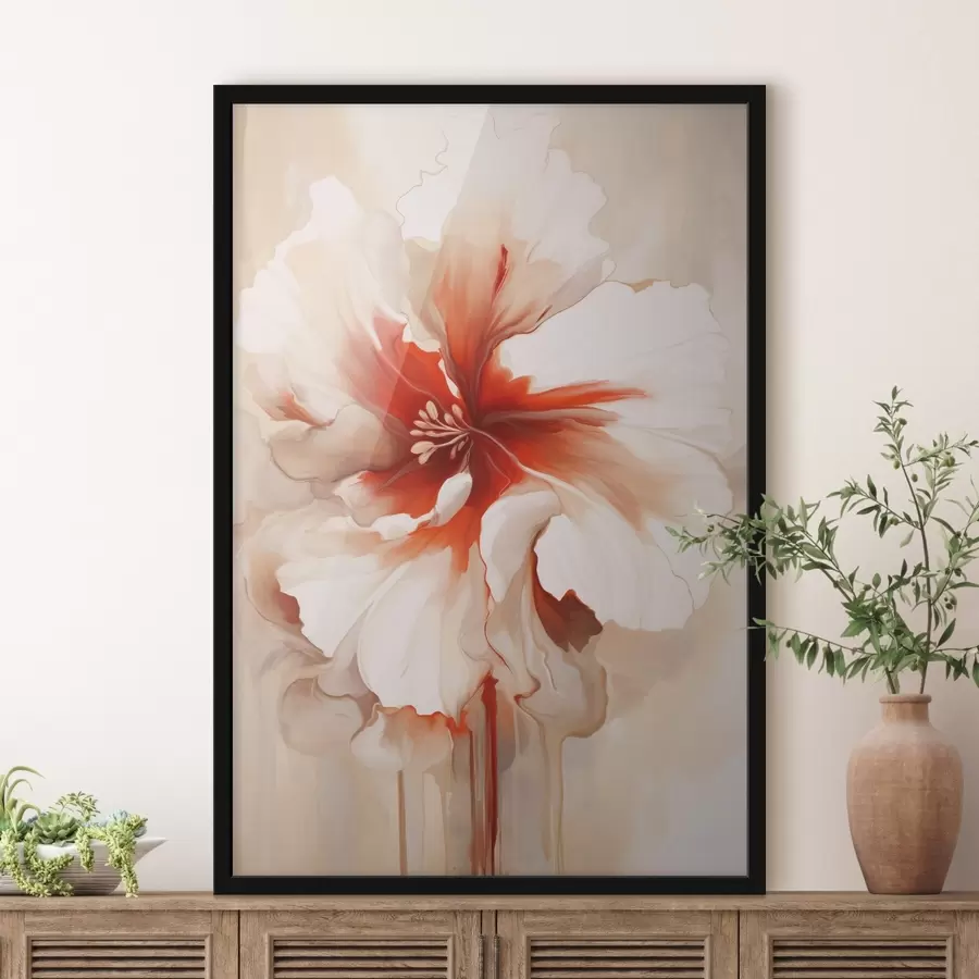 Fototapeedid Lähivõte valgest ja punasest õiest, millel on poolläbipaistvad kroonlehed ja voolavad värvitilgad. f46941