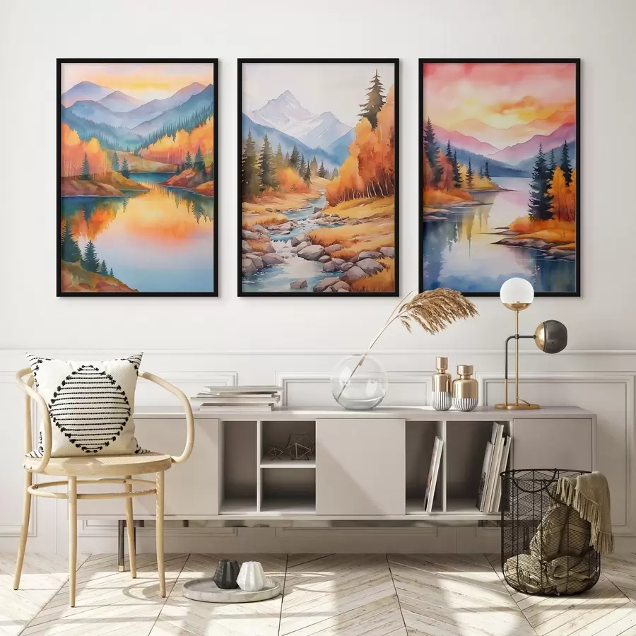 Fototapeedid Sügisene mägimaastik soojades päikeseloojangu toonides d00930