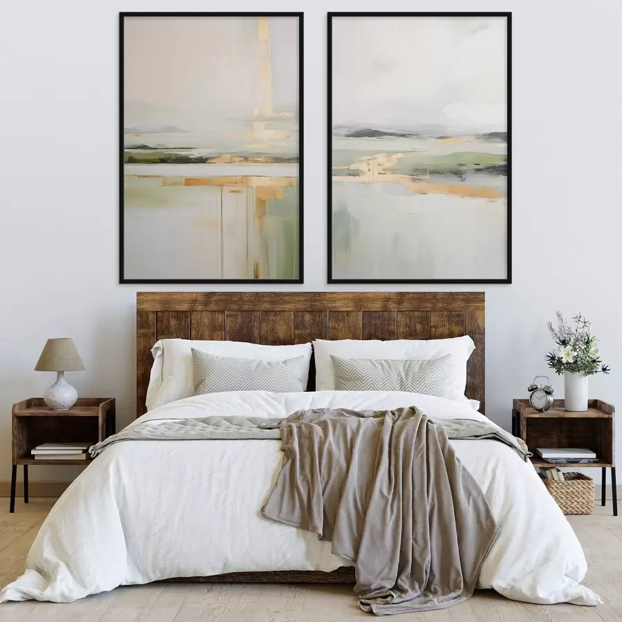 Fototapeedid Abstraktne maastik kollaste aktsentidega, minimalistlik kompositsioon maast, veest ja taevast, vaoshoitud värvidega d00877