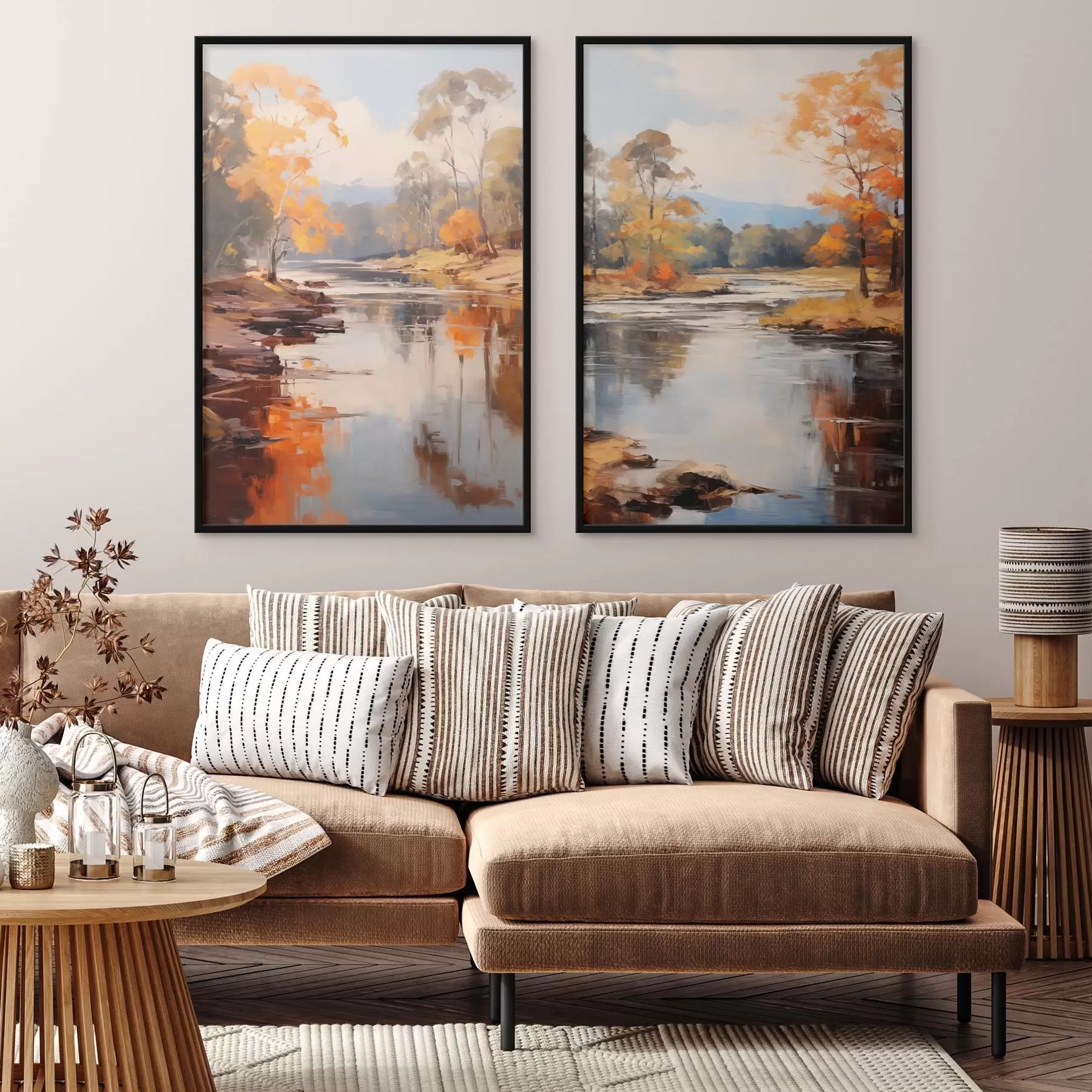 Fototapeedid Sügisene maastik, jõgi puudega kaldal, mets taustal, peegeldused veepinnal d00883