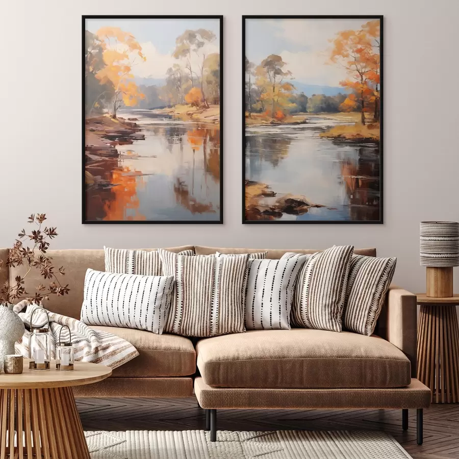 Fototapeedid Sügisene maastik, jõgi puudega kaldal, mets taustal, peegeldused veepinnal d00883