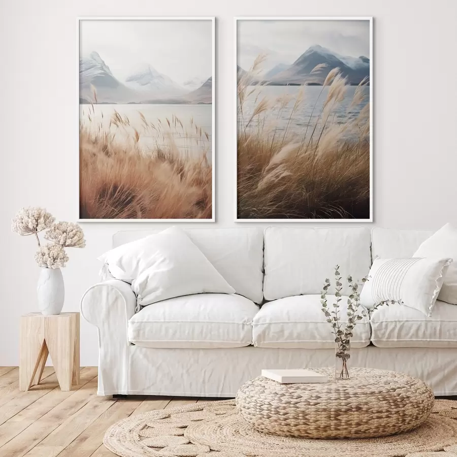 Fototapeedid Pampasrohi järve ja mägede taustal, pehme valgustus, summutatud värvid, naturalistlik stiil d00884