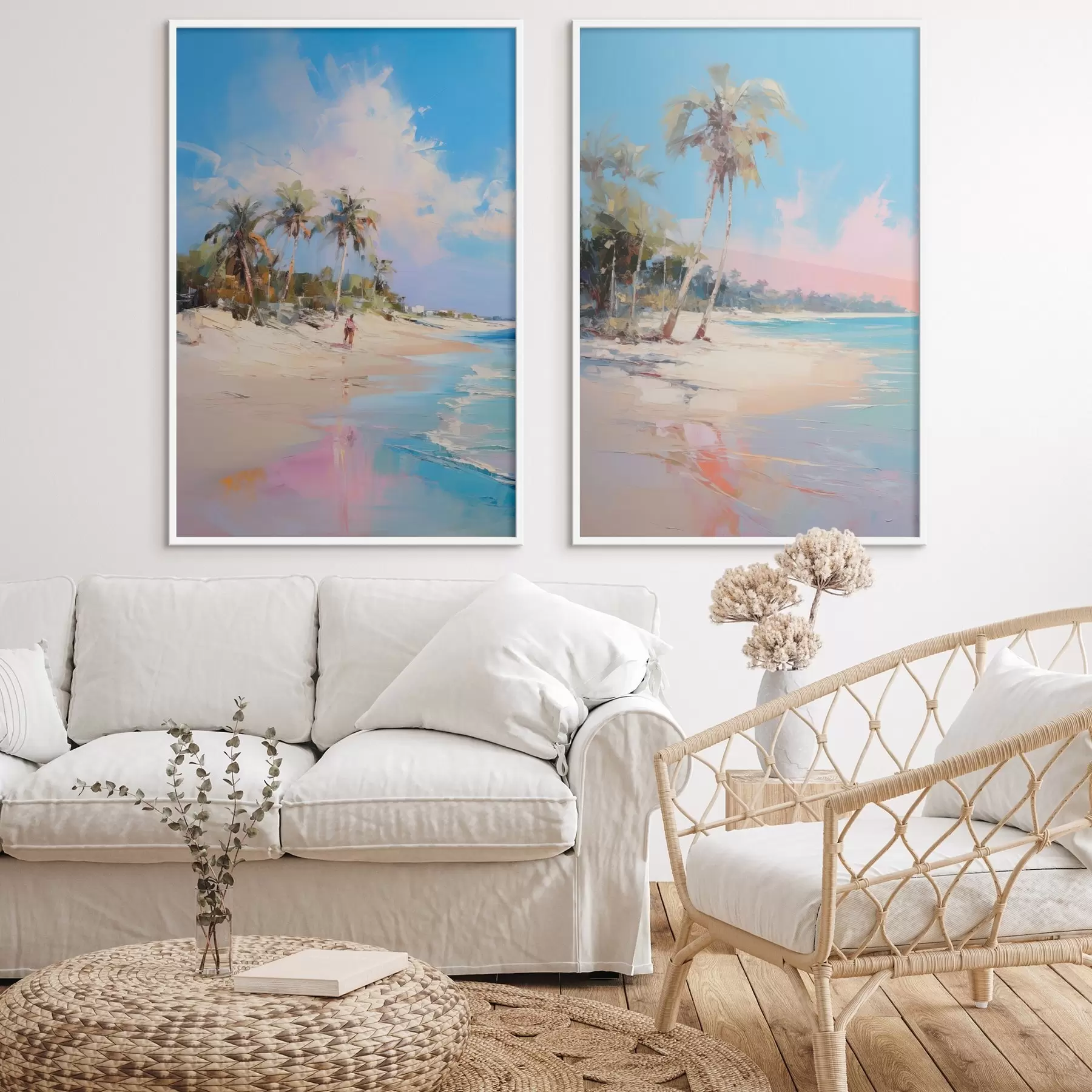 Fototapeedid Abstraktne maastik, palmipuudega rand, päikesepaisteline päev sinise taeva ja mõne pilvega d00885