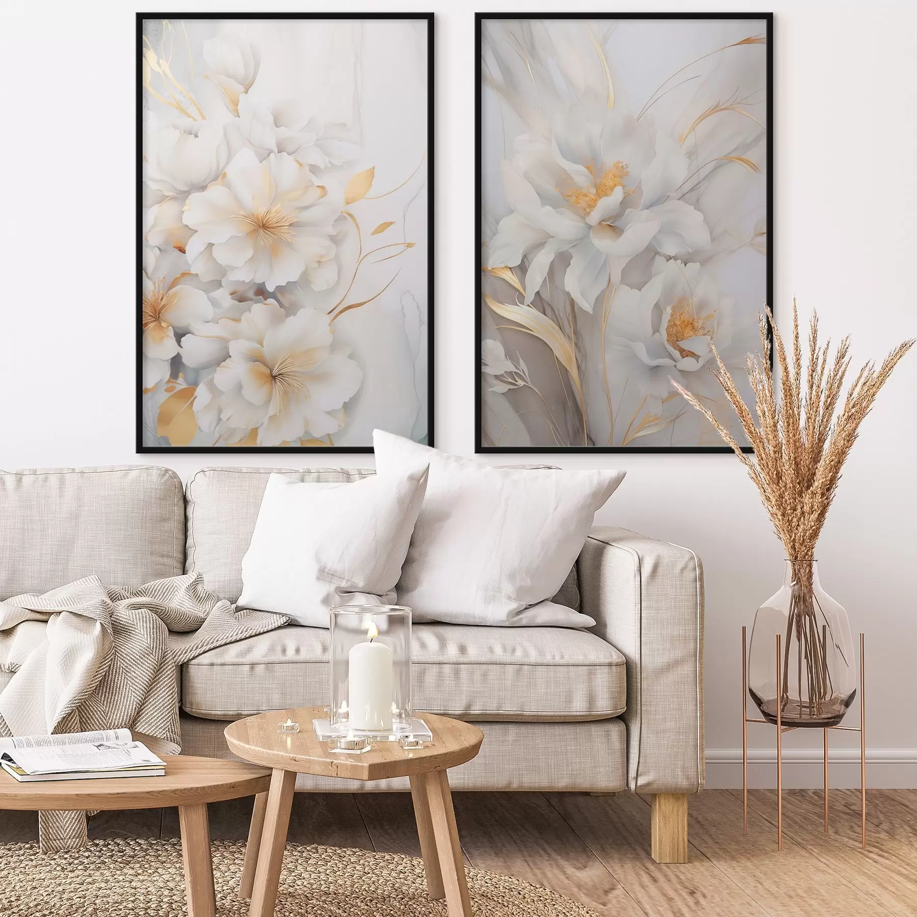 Fototapeedid Valged lilled kollaste detailidega, õielehed peene varjundiga, hele taust peene marmoriefektiga d00889