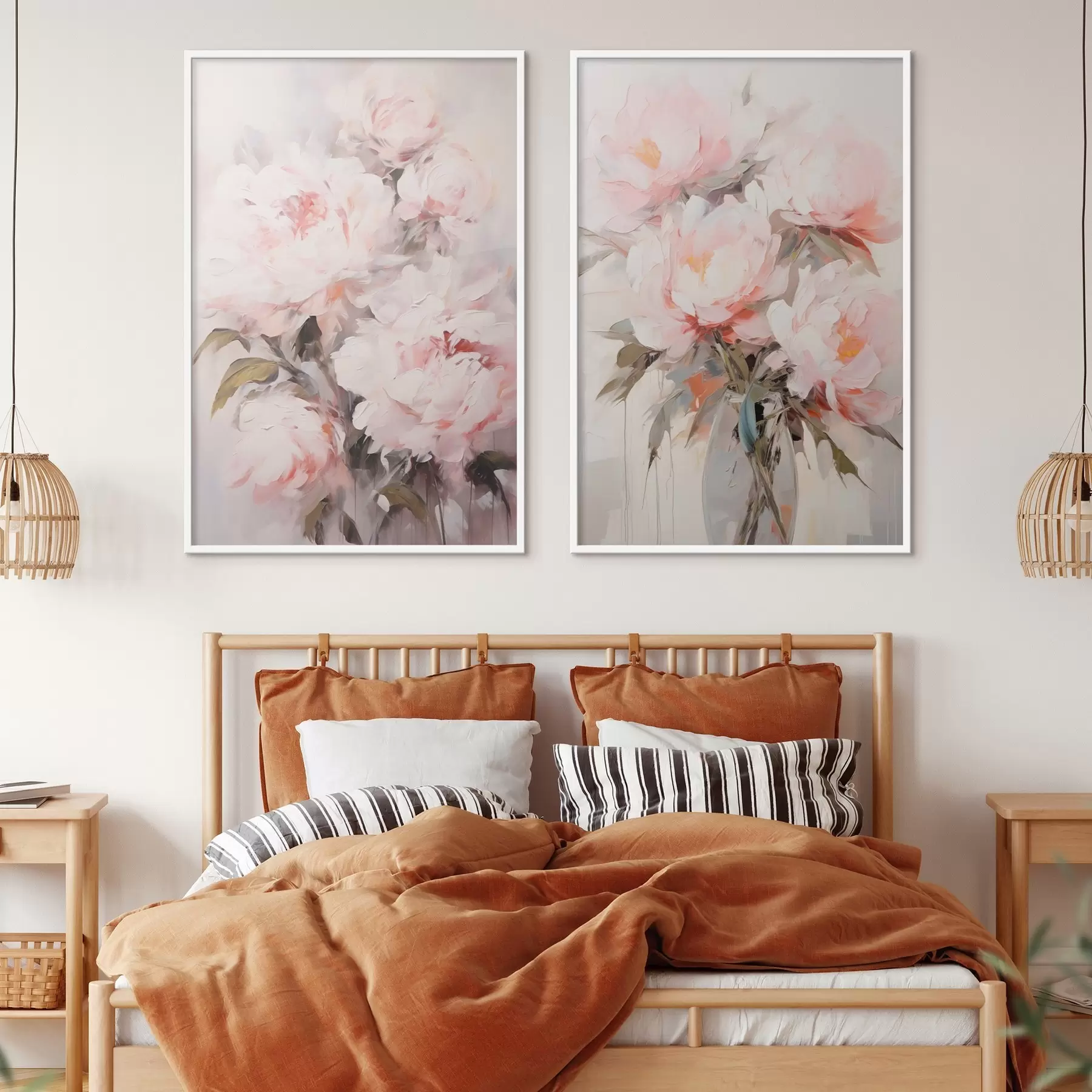 Fototapeedid Hele roosa peonite kimp roheliste lehtedega, pehmed pintslitõmbed, pastellvärvid, hele taust d00890