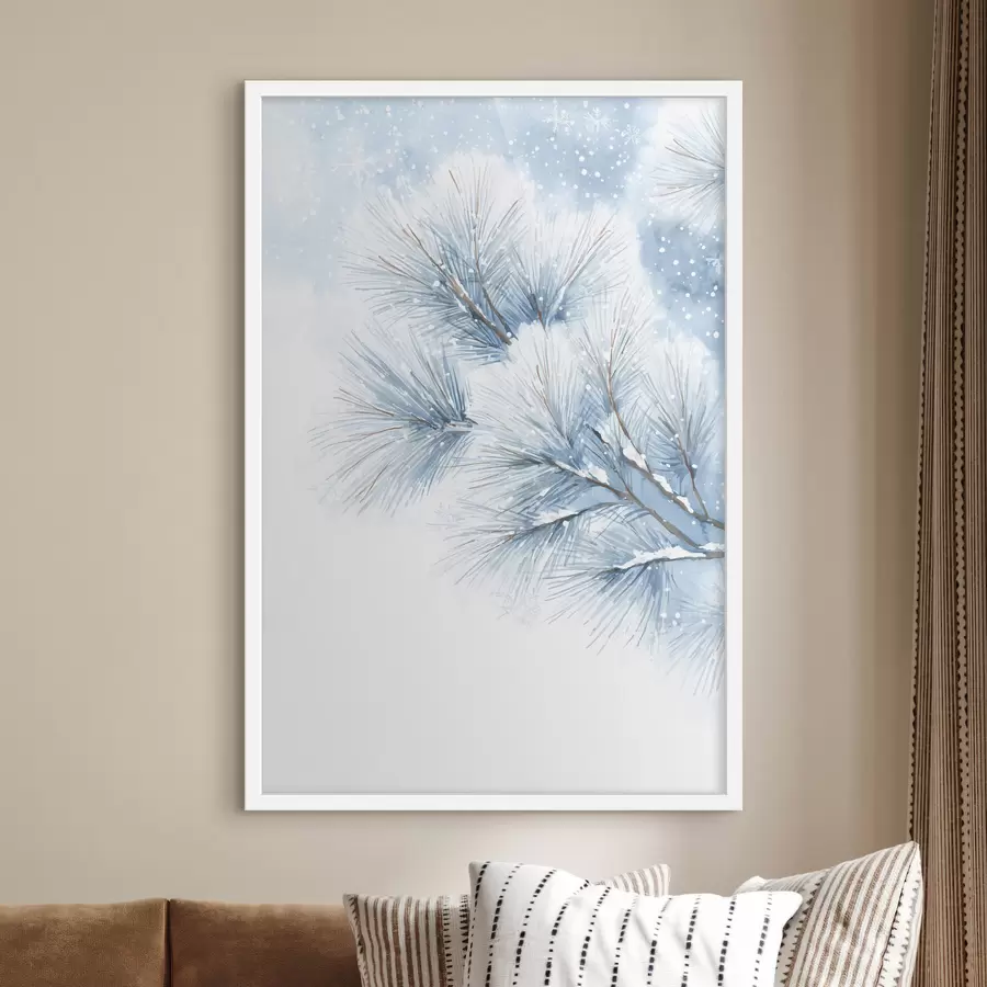 Fototapeedid lumega kaetud männipuu oks akvarellistiilis f47114