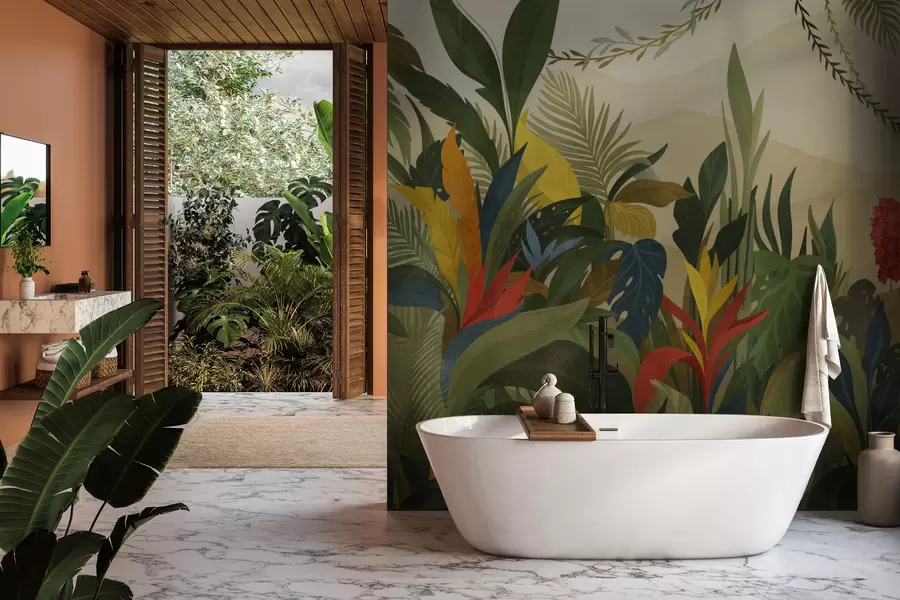 Fototapeedid Troopiline lehestik suurte lehtede ja õitega w05019