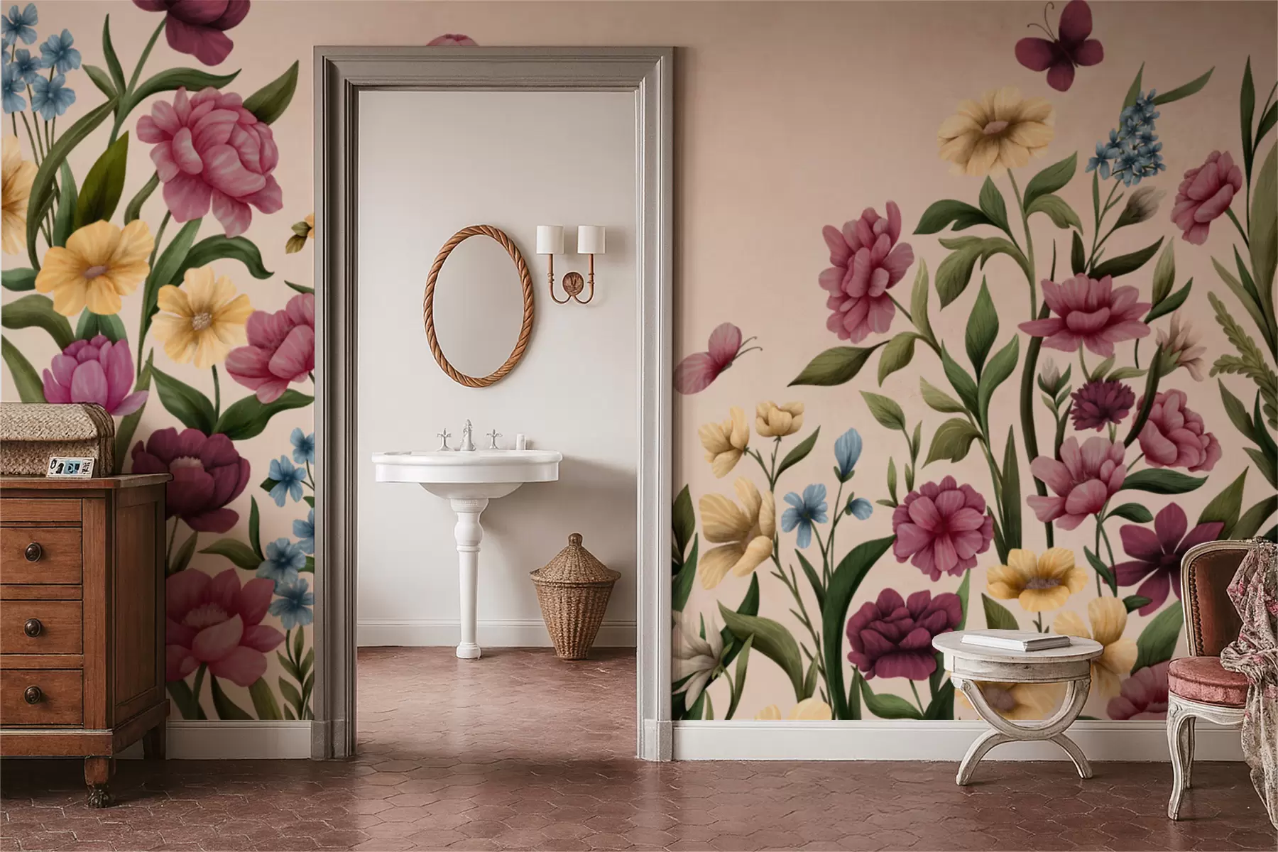 Fototapeedid Lilleline kompositsioon taimede ja liblikatega heledal taustal w05072