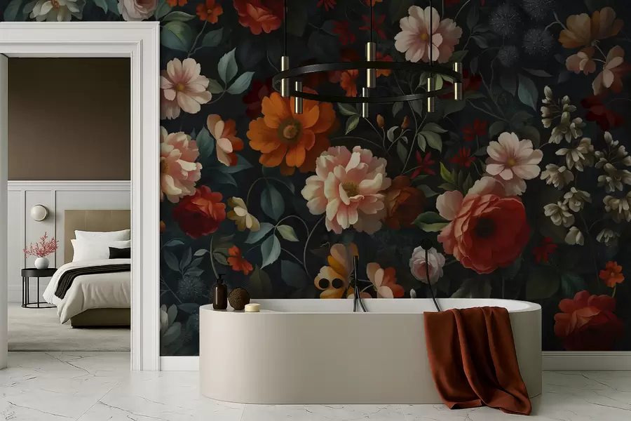 Fototapeedid Tume lillemuster lopsakate aia lilledega w05087