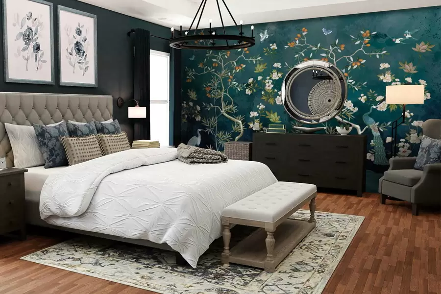 Fototapeedid Dekoratiivne stseen puude, lillede ja lindudega tumedal taustal w05004